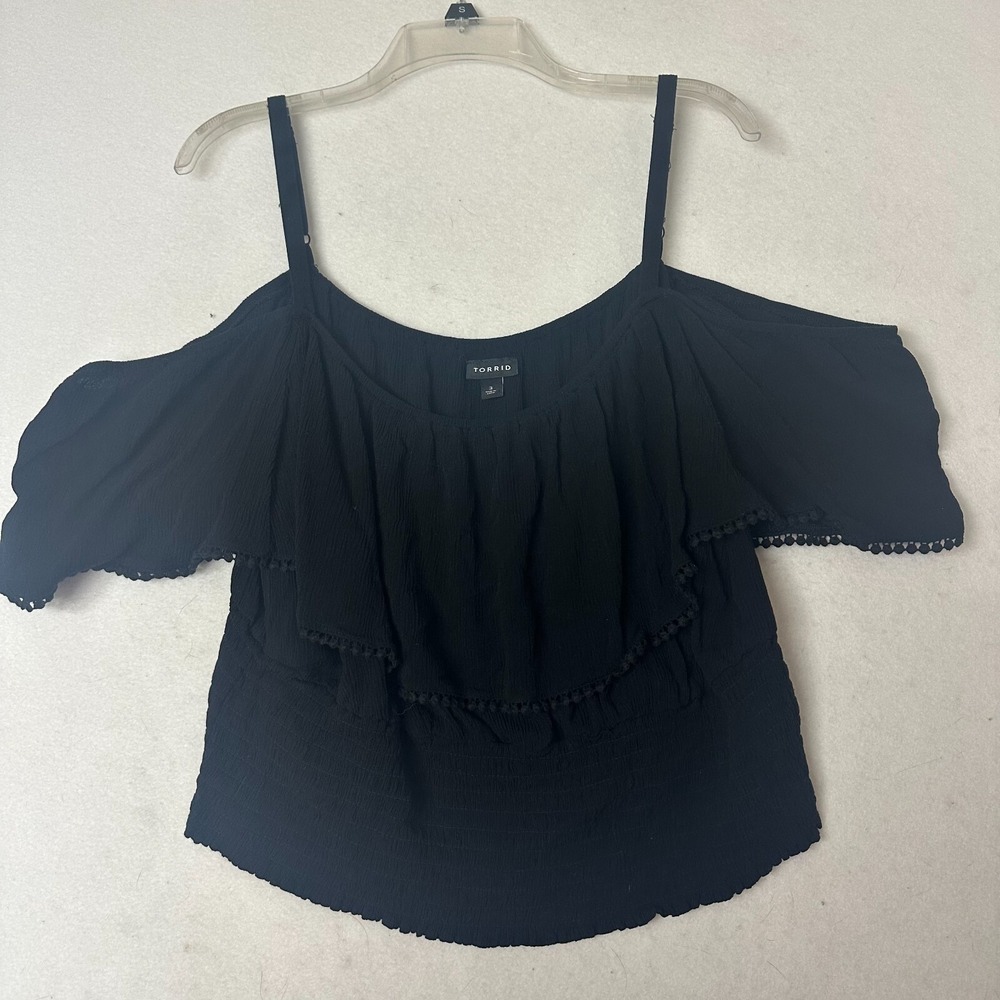 Torrid Black Cold Shoulder Ruffle Pom Pom Smocked Blouse Top Womens 3 3X Rayon